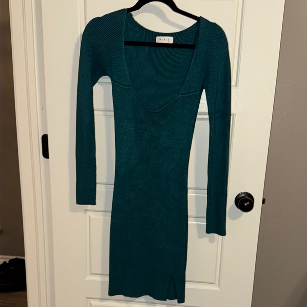 Mable Blue Teal Ribbed Scoop Neck Bodycon Long-Sleeve Dress